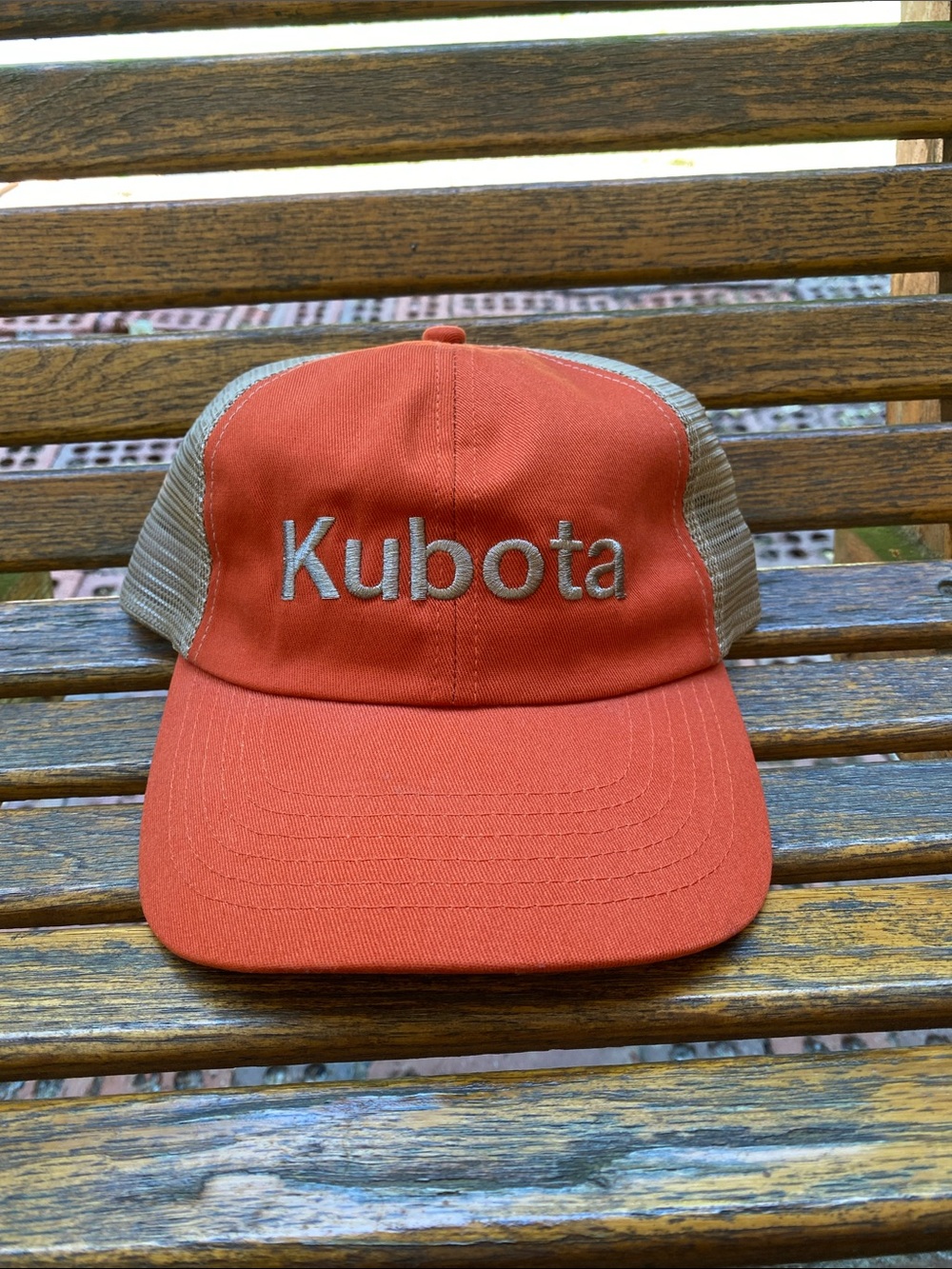 Kubota Hat Orange Tan 6 panel adjustable mesh back strap cap